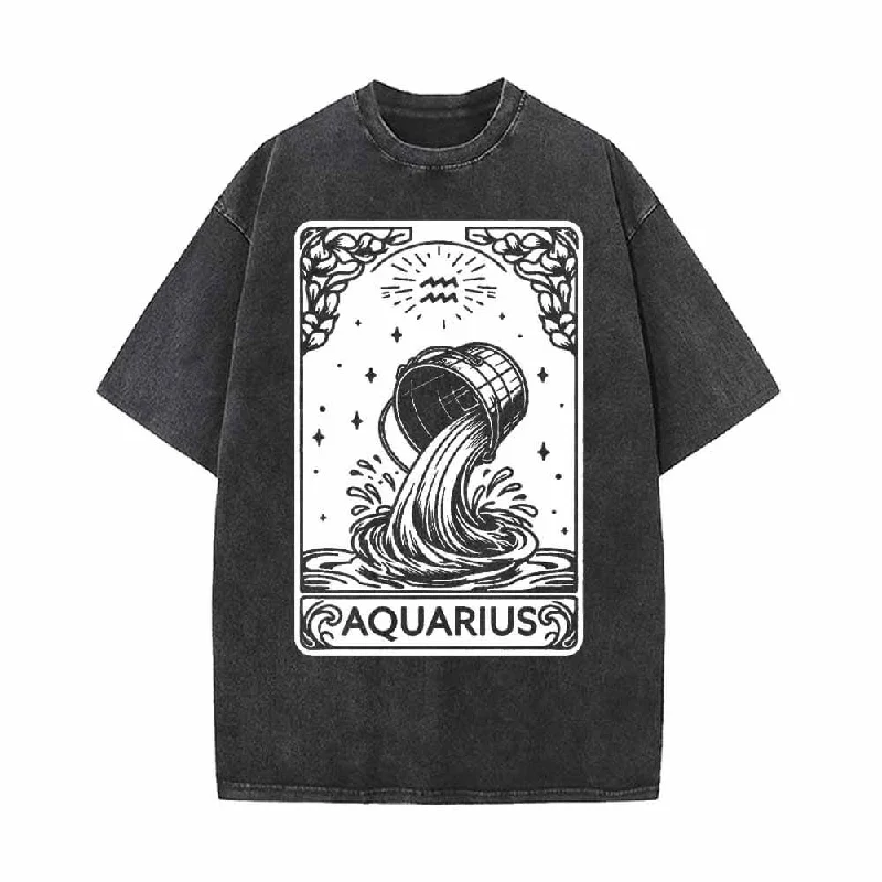 Aquarius Tarot Card Horoscope Vintage Washed T-shirt-- Casual Formal Business
