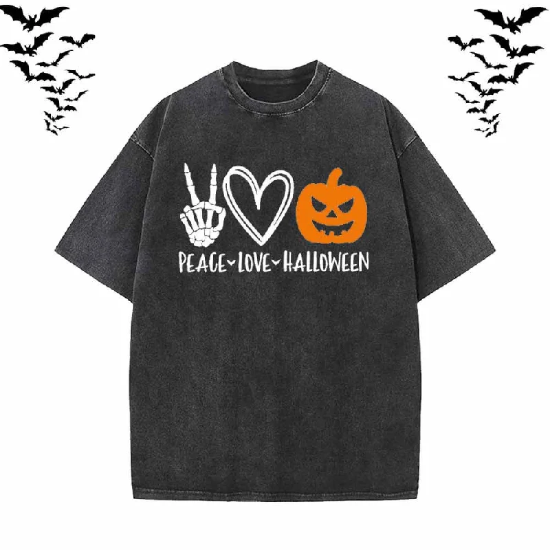 Peace Love Halloween Vintage Washed T-shirt-- Layered Multi-layer Single Layer