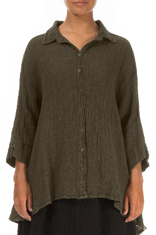 Loose Silver Sage Mélange Linen Shirt-- Print Jacquard Patchwork