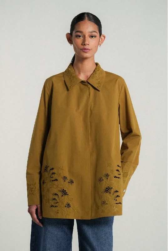 The Artist Poplin Shirt in Olive-- Mesh Blend Leather Blend Suede Blend
