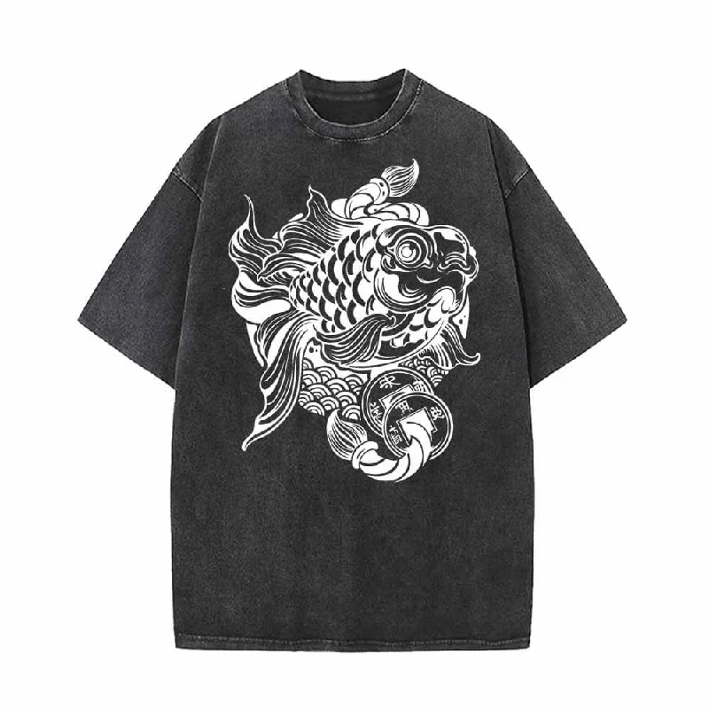 Flying Carp Copper Coins Vintage Washed T-shirt-- Anti-Shrink Durable Soft