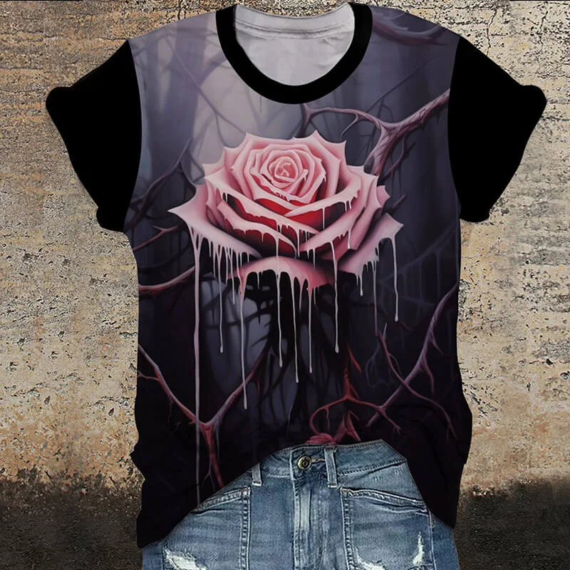 Gothic Dripping Rose Round Neck Short Sleeve T-Shirt-- Houndstooth Herringbone Solid Gothic Dripping Rose Round Neck Short Sleeve T-Shirt-- Houndstooth Herringbone Solid