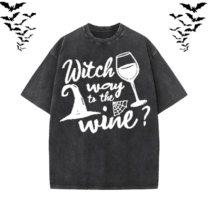 Funny Witch Wine Vintage Washed T-shirt-- Iron Safe Non-Iron Wrinkle Free