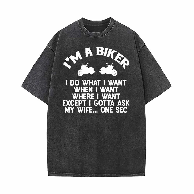 I’m A Biker Letters Motorcycle Vintage Washed T-shirt-- Striped Floral Plaid