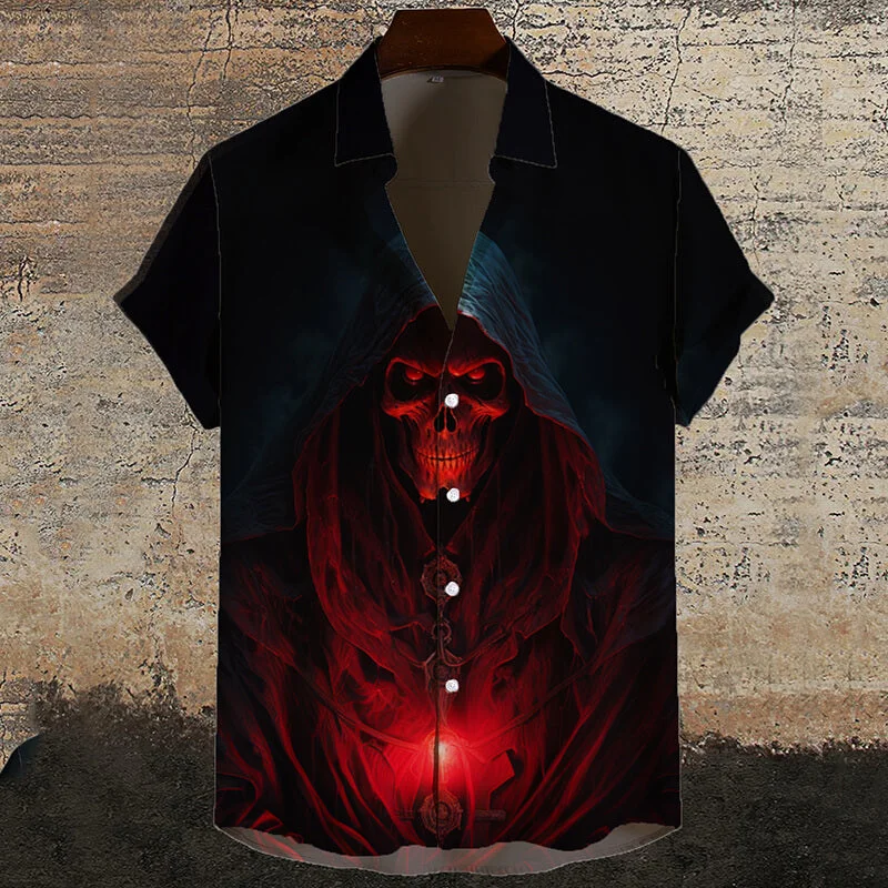 Gothic Death Skull Short Sleeve Shirt-- Print Jacquard Patchwork