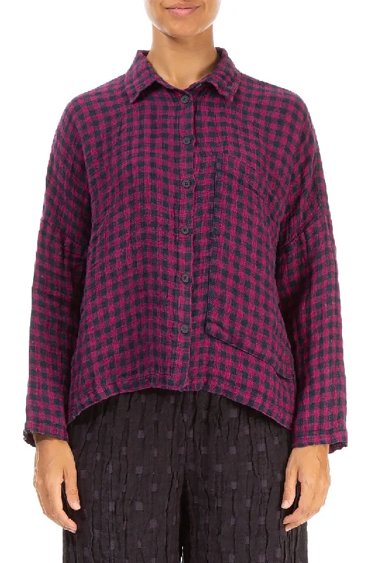 Side Pocket Magenta Check Linen Shirt-- Knit Fabric Woven Fabric Fleece Fabric