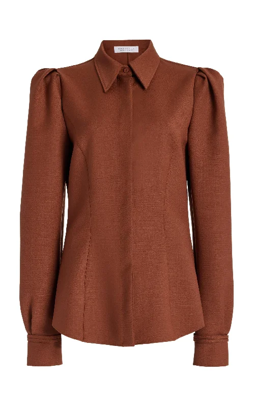 Talbot Shirt in Cognac Sportswear Wool-- Zippered Front Buttoned Front Snap Front