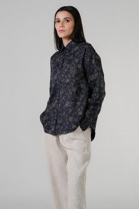 The Floral Ramie Shirt in Charcoal-- Striped Floral Plaid