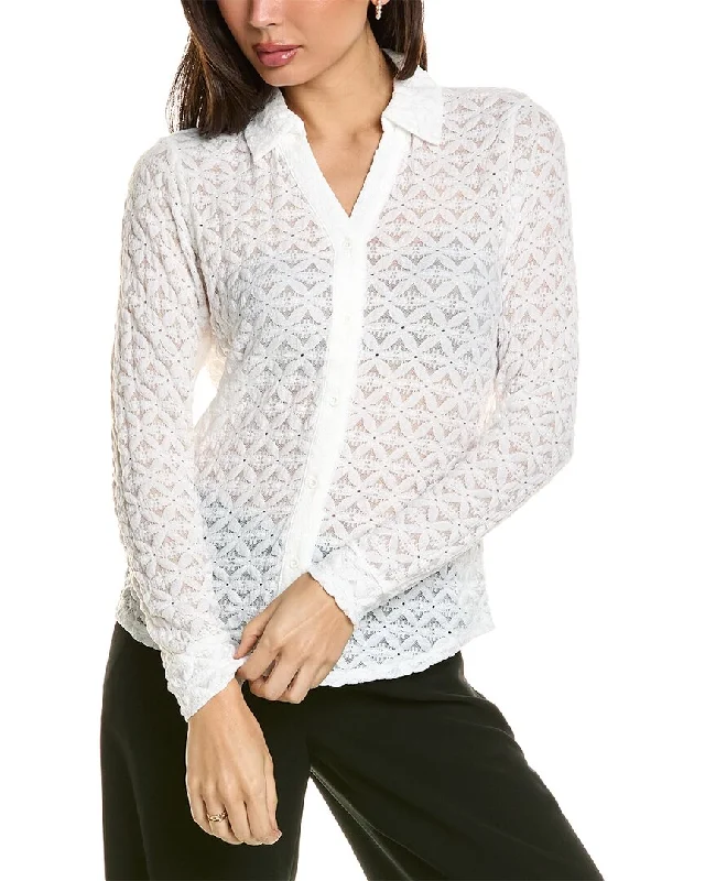 Adrianna Papell Lace Button Front Shirt-- Denim Fabric Leather Fabric Suede Fabric