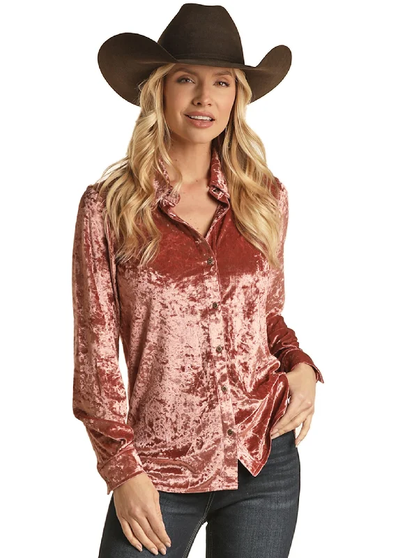 Rock & Roll Cowgirl Women's Velvet Shirt Rose-- Sequined Glittery Shiny