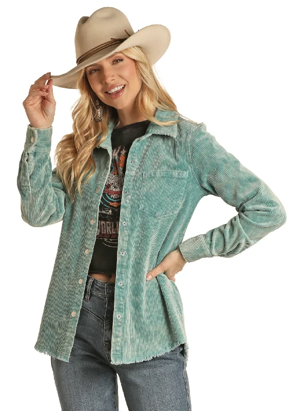 Rock & Roll Cowgirl Women's Corduroy Shirt Light Turquoise-- Fitted T-Shirt Seamless Stretchy Rock & Roll Cowgirl Women's Corduroy Shirt Light Turquoise-- Fitted T-Shirt Seamless Stretchy