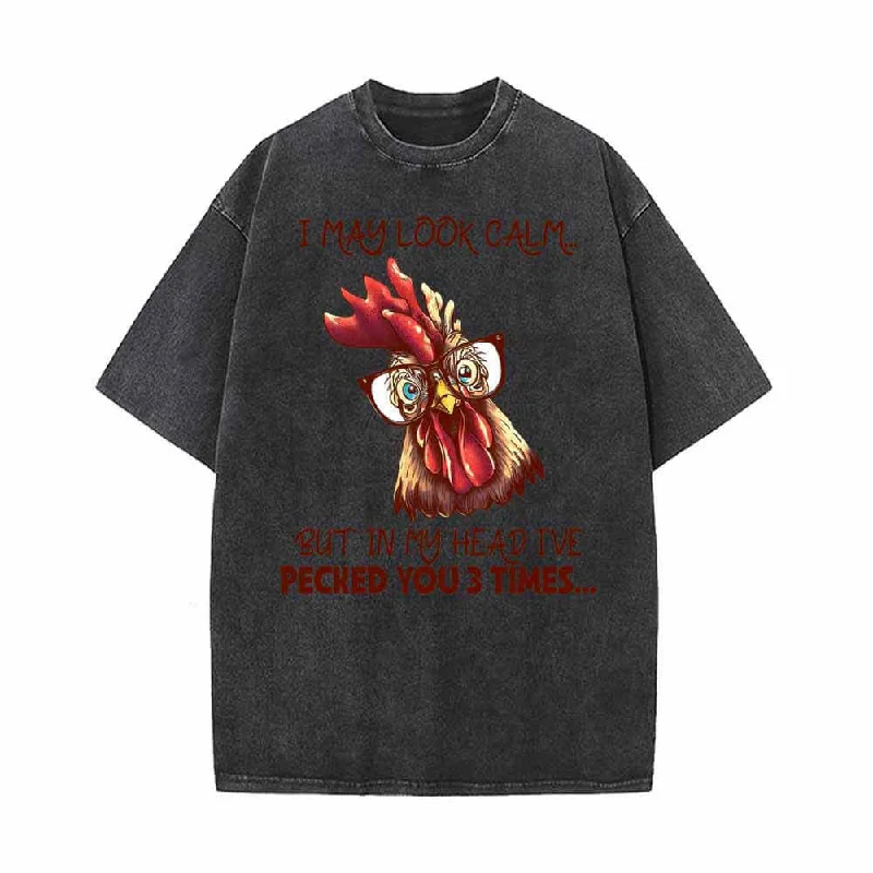 I May Look Calm Cock with Glasses Vintage Washed T-shirt-- Polka Dot Checkered Tartan