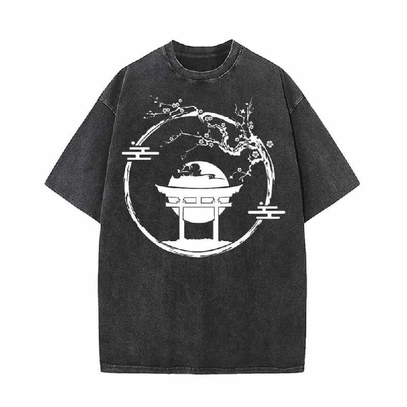 Plum Blossom Torii Full Moon Vintage Washed T-shirt-- Chenille Brocade Lace