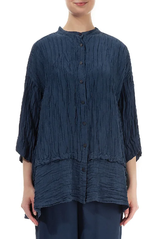 Flared Crinkled Denim Blue Silk Shirt-- Hooded Caped Shawl Collar