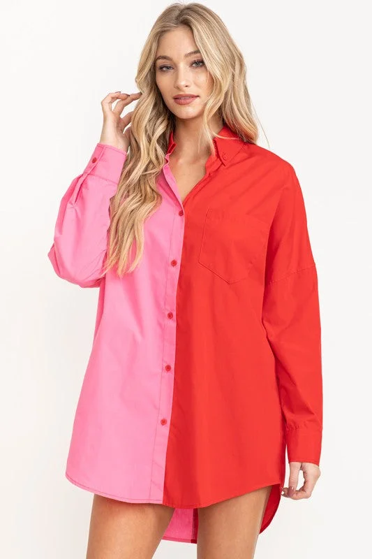Keep It Up Red and Pink Color Block Button Down Shirt-- Modern Contemporary Chic