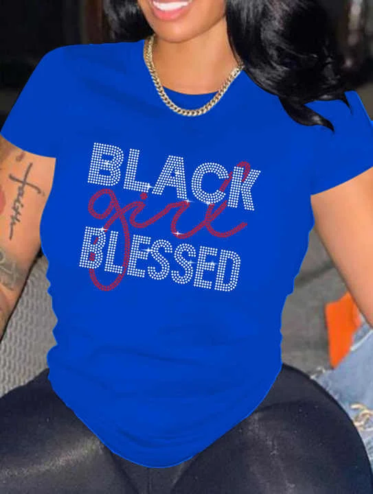 Beautiful Blue BLACK GIRL BLESSED Tee Shirt Top-- Fleece Nylon Spandex