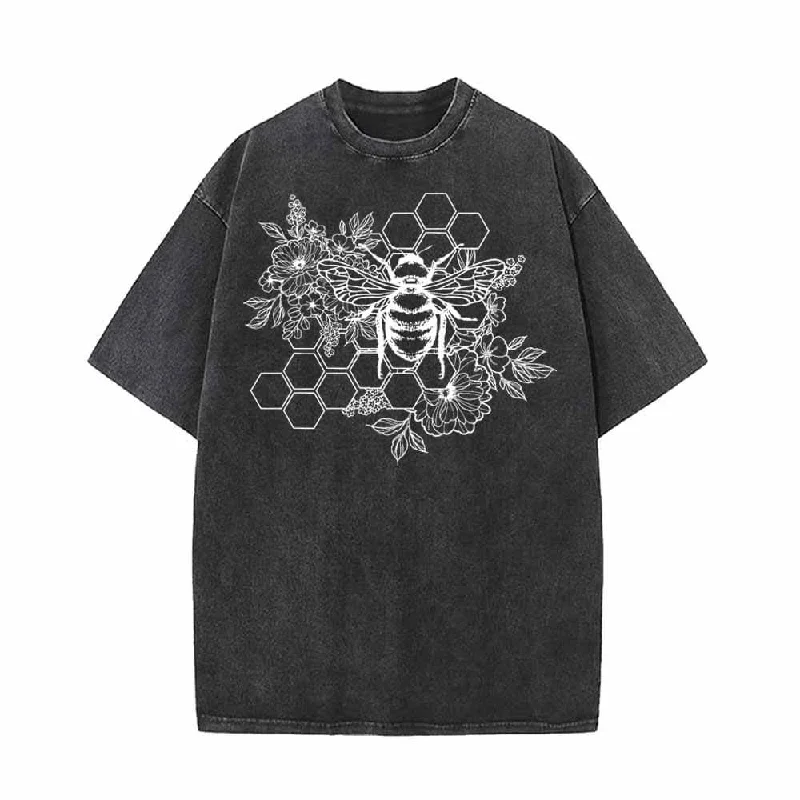 Bees Gathering Nectar Vintage Washed T-shirt-- Collared T-Shirt Boat Neck A-Line