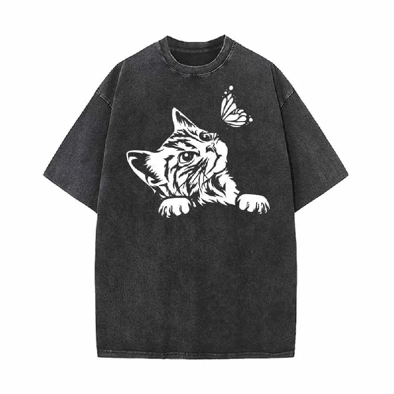 Cute Cat Curious Kitten With Butterfly Vintage Washed T-shirt-- Graphic Embroidered Appliqued Cute Cat Curious Kitten With Butterfly Vintage Washed T-shirt-- Graphic Embroidered Appliqued