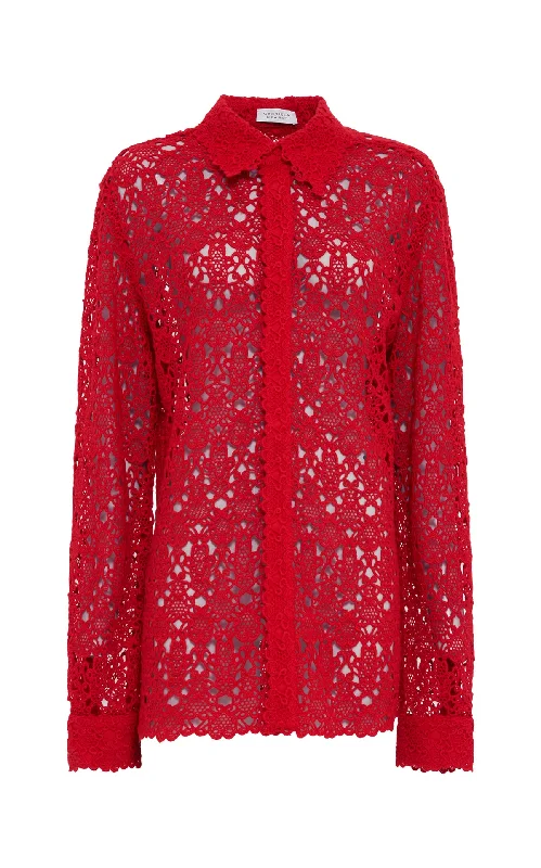 Cassia Shirt in Scarlet Red Cashmere Lace -- Basic T-Shirt Crew Neck Short Sleeve