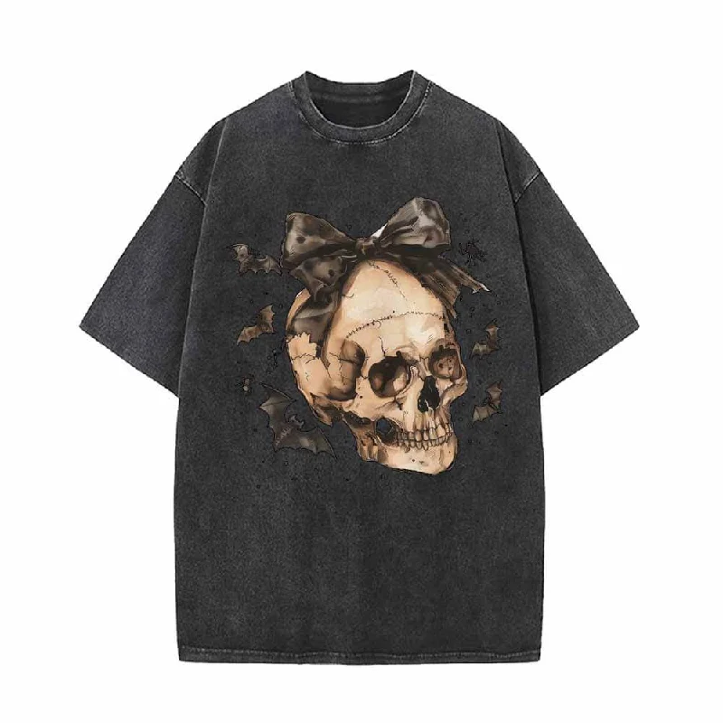 Bow Knot Skull Vintage Washed T-shirt-- Mesh Blend Leather Blend Suede Blend