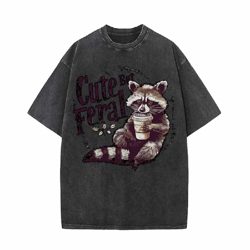 Cute But Feral Raccoon Vintage Washed T-shirt-- Machine Wash Dry Clean Hand Wash