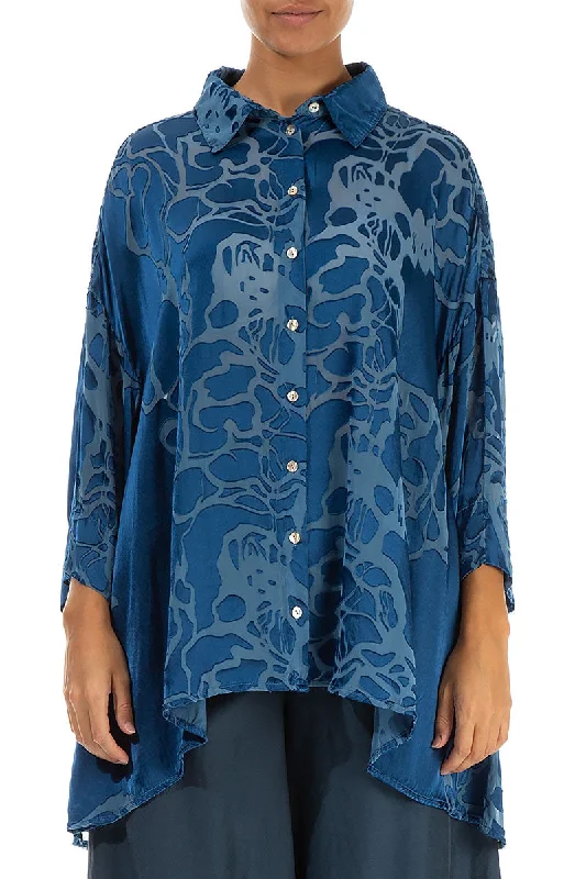 Loose Floral Azure Silk Shirt-- Casual Formal Business