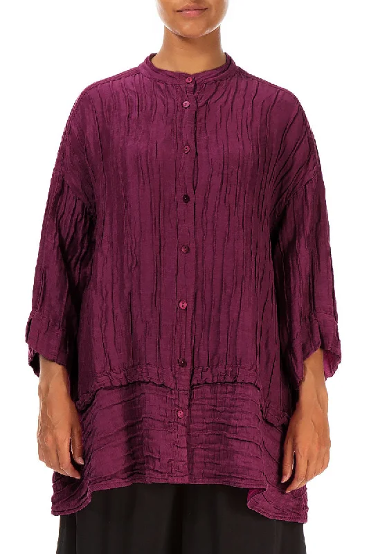 Flared Crinkled Magenta Silk Shirt-- Wool Fabric Cashmere Fabric Tweed Fabric