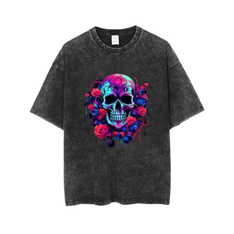 Vintage Washed Flower Skull Print T-shirt-- Polka Dot Checkered Tartan