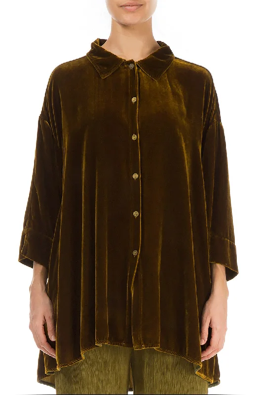 Loose Golden Olive Silk Velvet Shirt-- Anti-Pilling Machine Wash Handmade