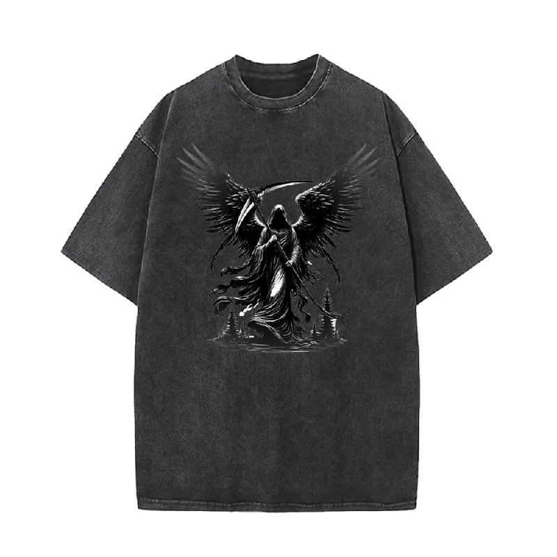 Winged Scythe Grim Reaper Vintage Washed T-shirt-- Machine Wash Dry Clean Hand Wash