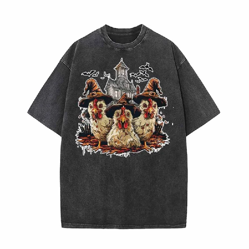 Spooky Chickens Vintage Washed T-shirt-- Ribbed Striped Patterned