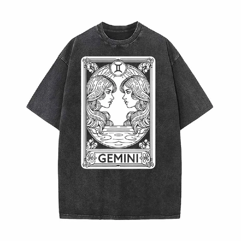 Gemini Tarot Card Horoscope Vintage Washed T-shirt-- Mesh Blend Leather Blend Suede Blend
