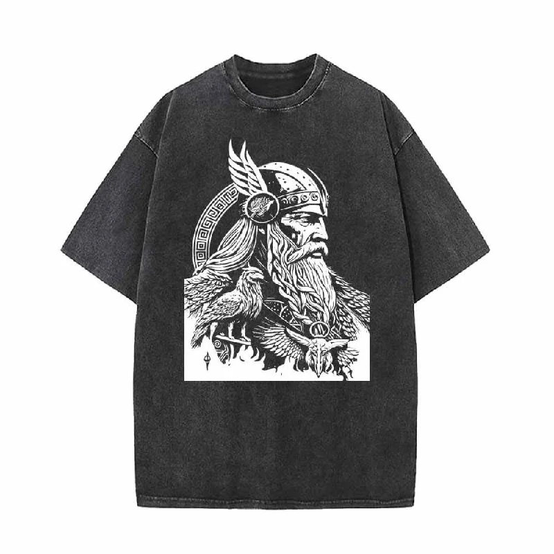 Viking Odin Head Art Vintage Washed T-shirt-- Notch Collar Peter Pan Collar Cowl Neck