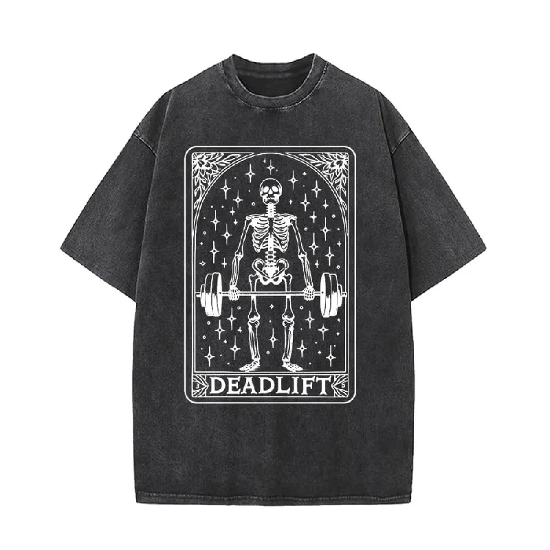 Deadlift Skeleton Barbell Tarot Vintage Washed T-shirt-- Front Pockets Side Pockets Patch Pockets Deadlift Skeleton Barbell Tarot Vintage Washed T-shirt-- Front Pockets Side Pockets Patch Pockets
