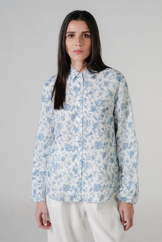 The Floral Ramie Shirt in White-- Collared Crew Neck Turtle Neck