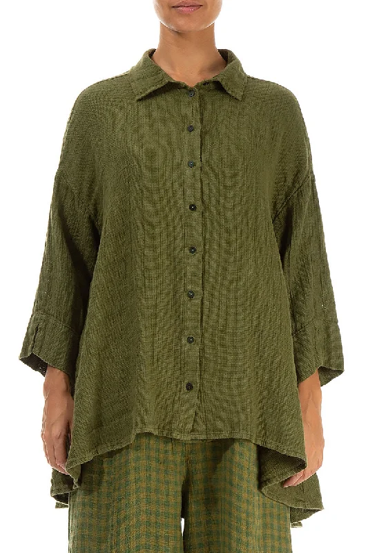 Loose Olive Textured Linen Shirt-- Hooded Caped Shawl Collar