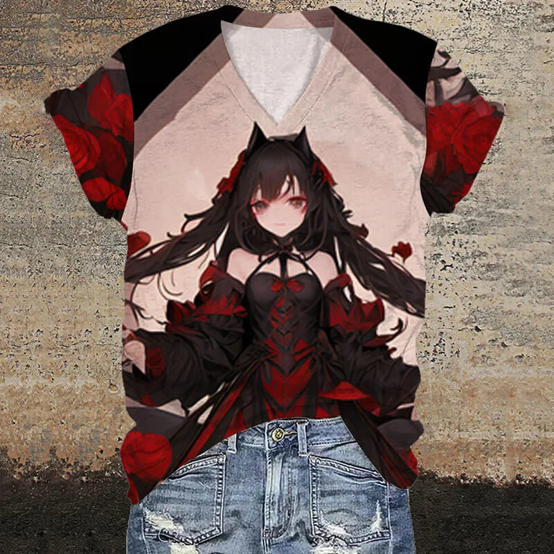 Gothic Wolf Girl V-Neck Anime T-Shirt-- Print Jacquard Patchwork