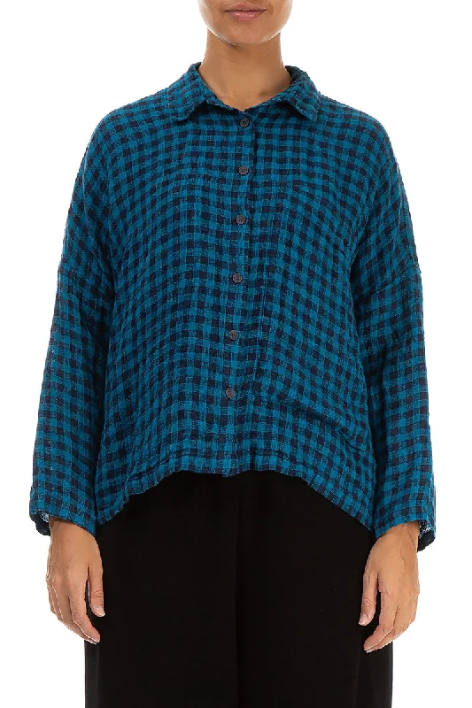 Side Pocket Blue Check Linen Shirt-- Striped Floral Plaid
