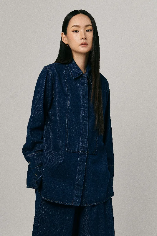 Working Denim Shirt in Dark Wash-- Striped Floral Plaid
