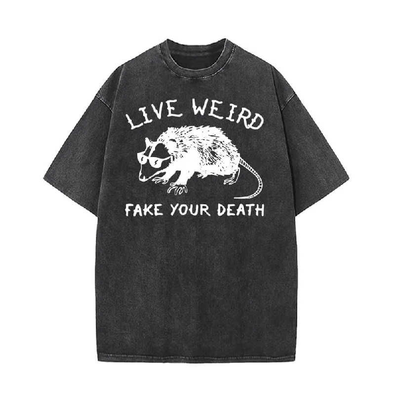 Live Weird Fake Your Death Rat Pattern T-shirt-- Real Fur Shearling Chenille