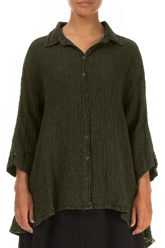 Loose Olive Mélange Linen Shirt-- Zippered Front Buttoned Front Snap Front