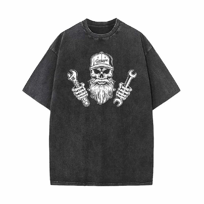 Skull Mechanic Holding Wrenches Vintage Washed T-shirt-- Casual Formal Business