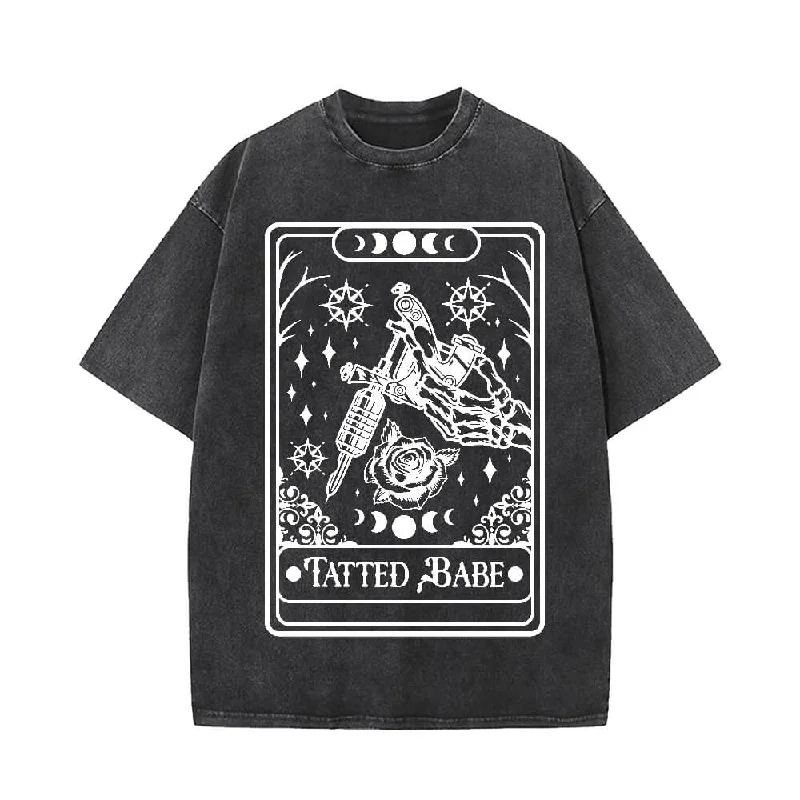 Tatted Babe Tarot Card Vintage Washed T-shirt-- Thin T-Shirt Open Front Quick Dry