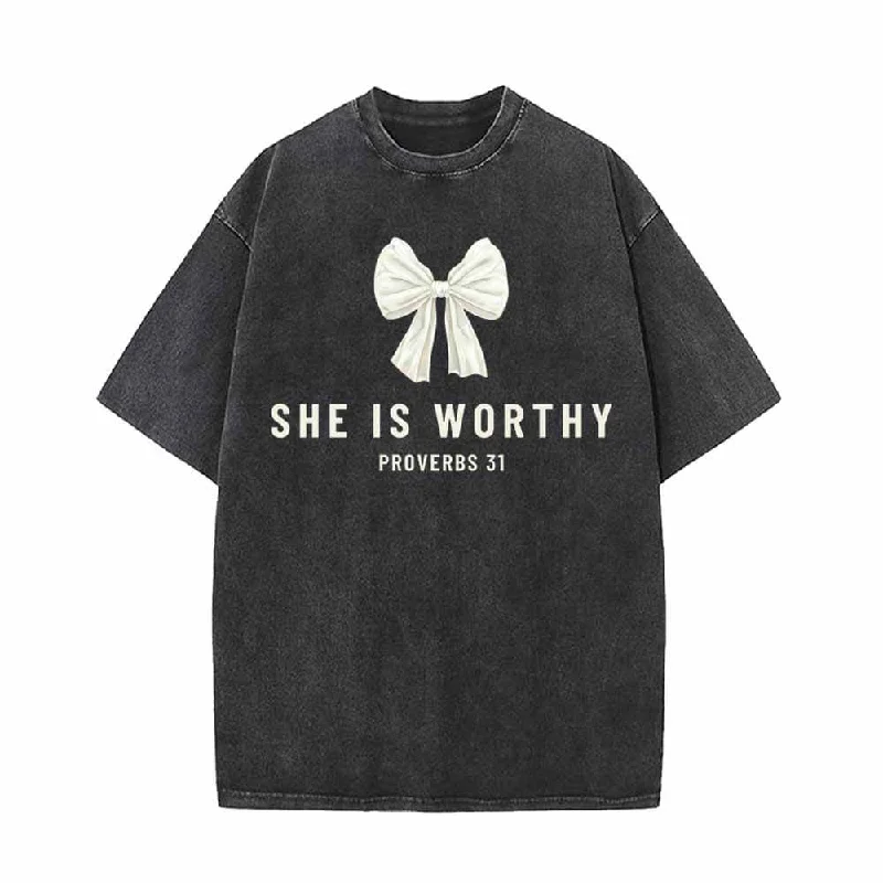 White Bow She Is Worthy Vintage Washed T-shirt-- Chenille Blend Fleece Blend Nylon Blend White Bow She Is Worthy Vintage Washed T-shirt-- Chenille Blend Fleece Blend Nylon Blend