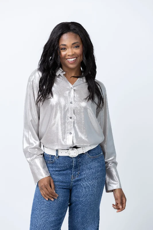 Frame The Standard Shirt In Silver Lame-- Lace Blend Ribbed Blend Corduroy Blend