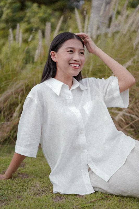 Saturday Short Sleeve Linen Shirt in White-- Anti-Pilling Machine Wash Handmade