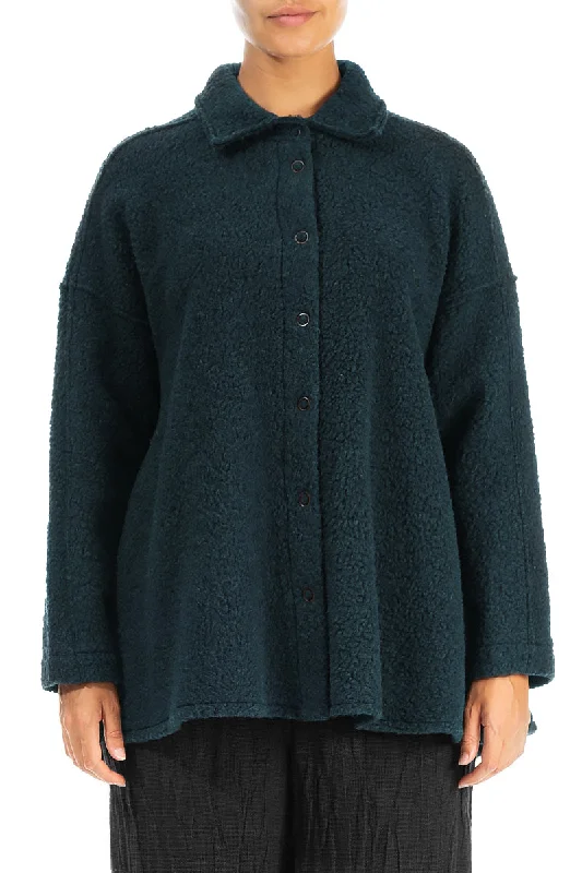 Collar Teal Plush Wool Cotton Shirt-- Mesh Canvas Denim