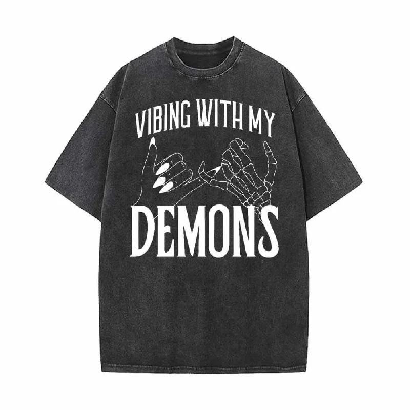Vibing With My Demons Vintage Washed T-shirt-- Boxy Fit Fitted Loose