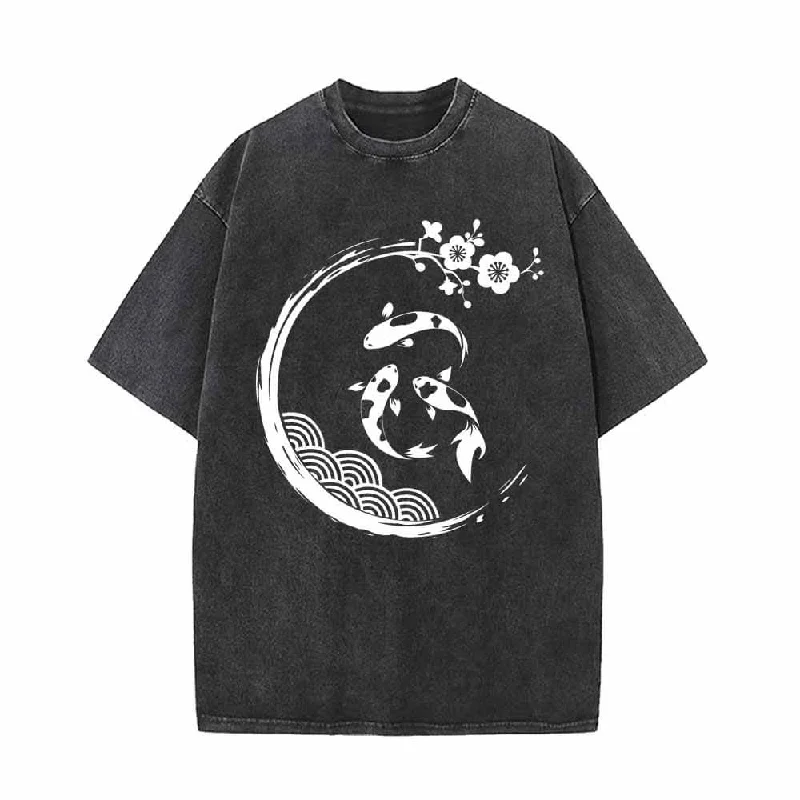 Active Koi Fish Art Print Vintage Washed T-shirt-- Striped Floral Plaid