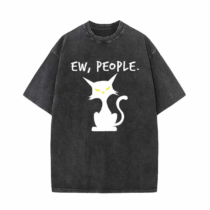 Ew People Black Cat Vintage Washed T-shirt-- Print Jacquard Patchwork